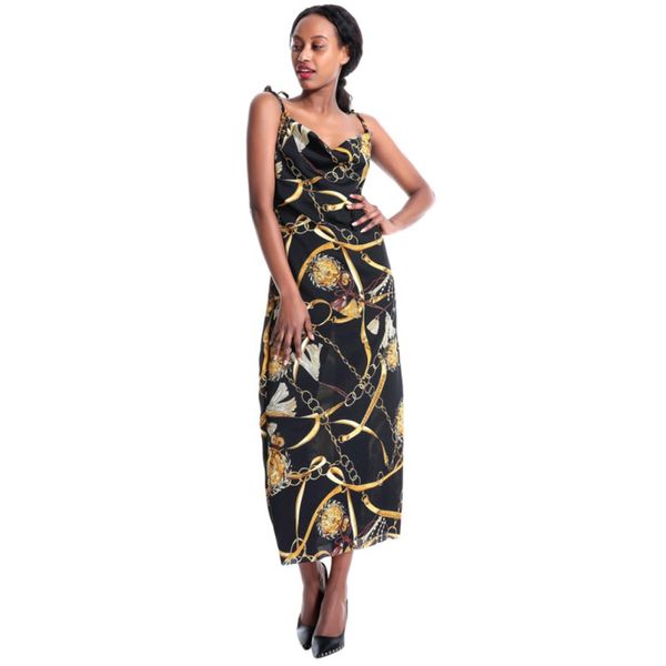 

2019 new european and american dress women's fashion mature chain printed satin strap dress