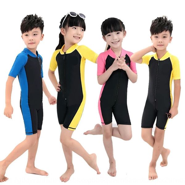 

student training children's one-piece boys and girls short-sleeved baby swimsuit solid color swimsuit, White;black