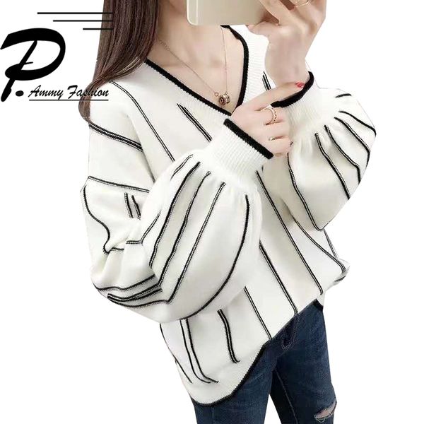 

autumn new knit sweater 2019 warm women korean version of the loose temperament v-neck stitching lantern sleeve pullover sweater, White;black