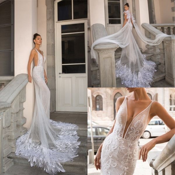 

2019 elihav sasson mermaid wedding dresses with wrap lace appliqued deep v neck bohemian wedding dress illusion feather boho bridal gowns, White