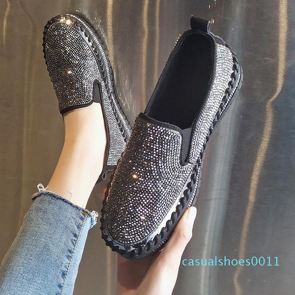 

fujin brand women sneakers slip on fashion platform flats for lady spring autumn summer slipony rhinestone blingbling 11c, Black
