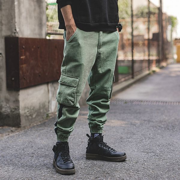 

men jeans big pocket cargo fashion jogger pants ankle banded denim pants autumn winter hip hop stripe patch punk jeans men, Blue