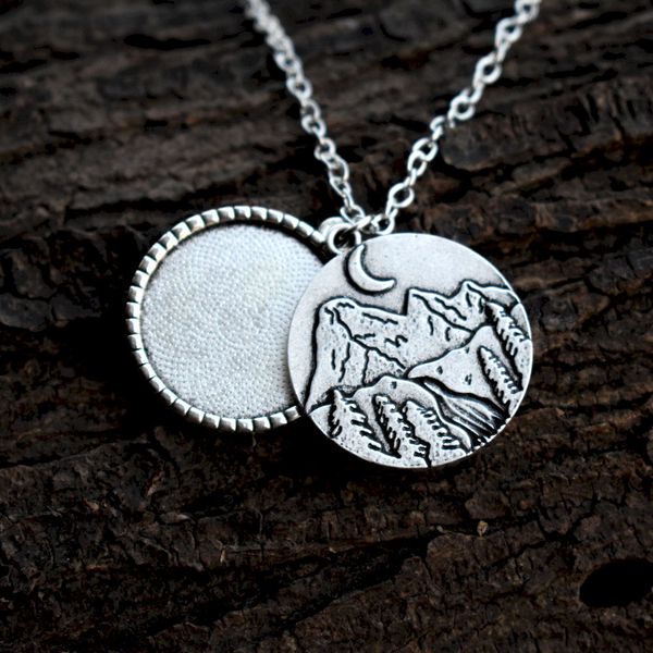

1pcs camping necklace mountain under the moon camping picture for couple's gift hiking nature lover gift, Silver
