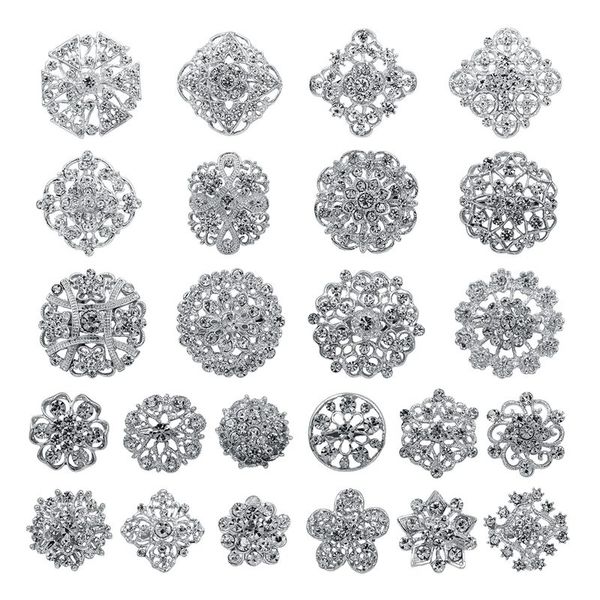 

24pc clear rhinestone crystal flower brooches pins set diy wedding bouquet broaches kit, Gray