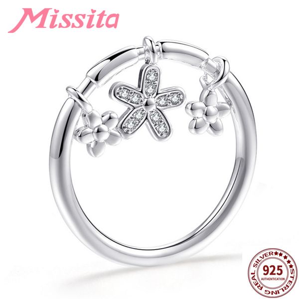 

missita 100% 925 sterling silver white daisy pendant rings for women silver jewelry brand crystal ring anniversary gift, Golden;silver