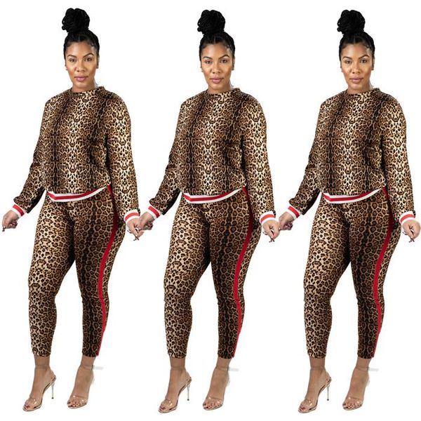 

womens autumn designer 2pcs tracksuits crew neck long sleeve leopard print female clothing fashion style casual apparel, Gray