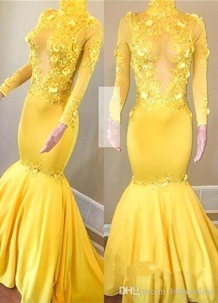 Picturues amarelo manga longa sereia baile alto pescoço flores artesanais vestidos de noite vestidos formais vestidos de feiária