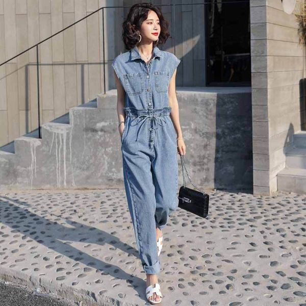 

sleeveless denim jumpsuit women 2020 summer new korean high waist fashion casual age-reduced jumpsuit women's tide, Black;white