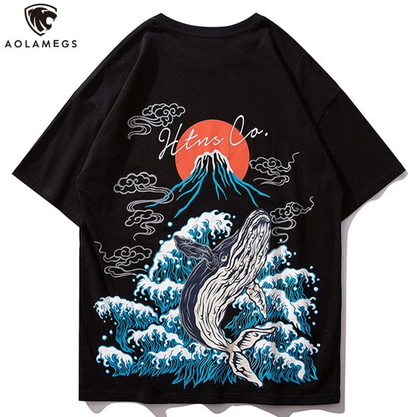 

aolamegs t shirt men wave whale printed men's tee shirts o-neck t shirt fashion hip hop couple high street tees streetwear, White;black