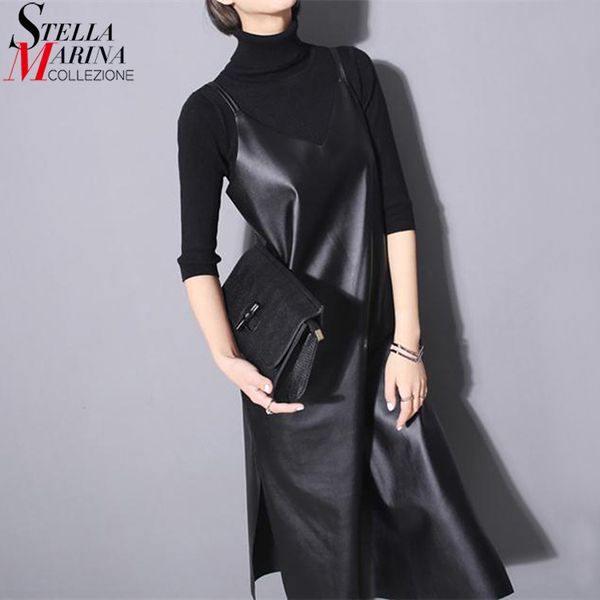 

2019 women long black pu leather sleeveless dress spaghetti straps v neck sides split party club slip dress robe style 746, Black;gray