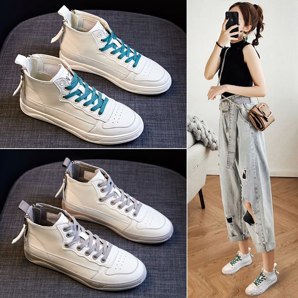 

online celebrity high shoes white shoes women's 2020 spring autumn new style versatile flat casual sports double zipper, Black