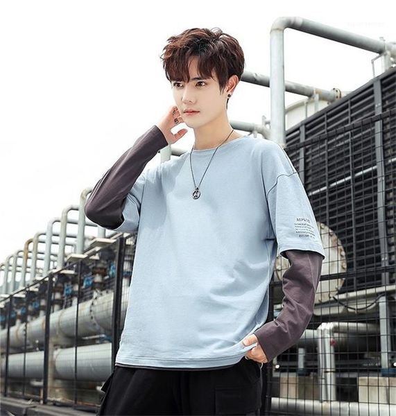 

clothing mens designer panelled long sleeve tshirts casual slim crew neck pullover mens fashion tees males, White;black