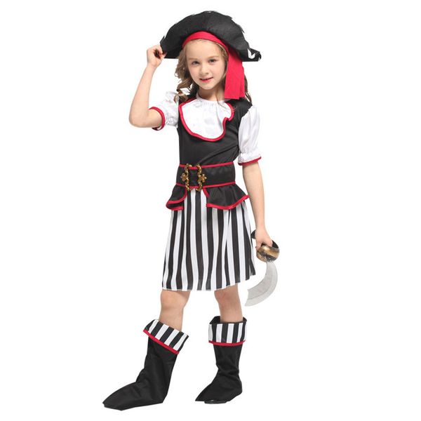 

child kids black white stripe elegant pirate buccaneer costume for girls halloween purim carnival mardi gras party fancy dress, Black;red