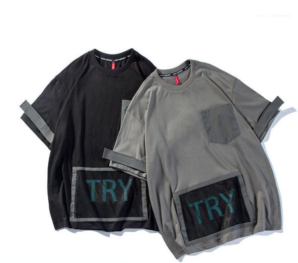 

hop style fashion tees male summer designer clothing mens pocket decorative mesh tshirt letter print hip, White;black