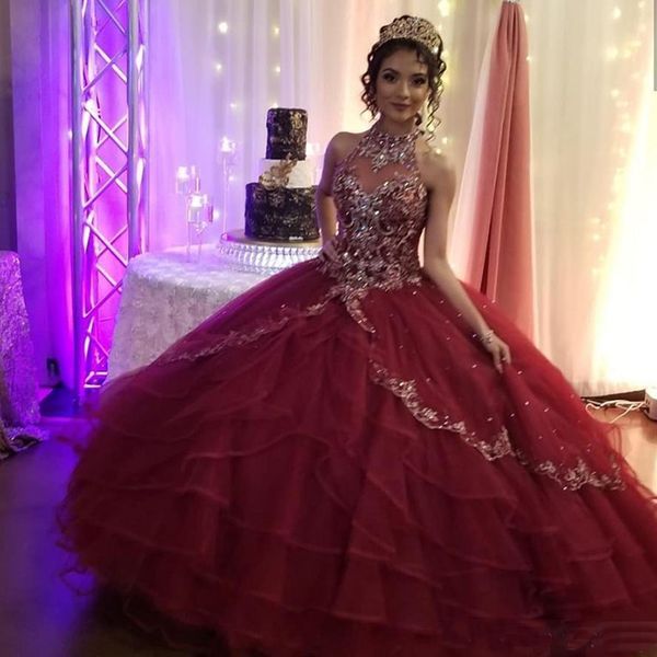 

burgundy quinceanera dresses halter neck crystal corset back sweet 15 princess prom ball gown16 birthday dress, Blue;red