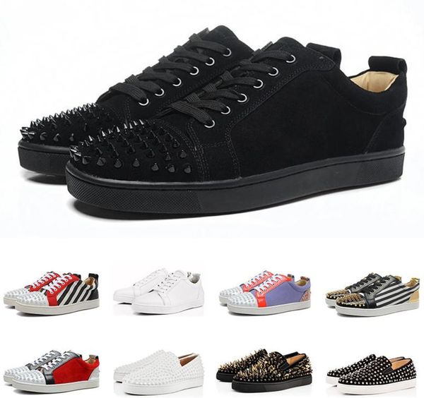 

new designer fashion designer brand studded spikes flats shoes red bottom casual shoes for men women party genuine leather sneakers, Black