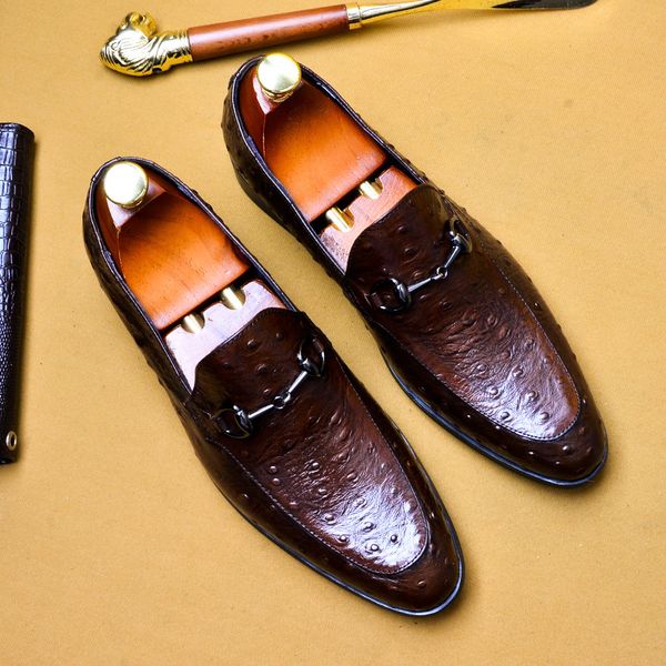 

men's british business dress shoes men's leather ostrich grain shoes full-grain leather loafers, Black