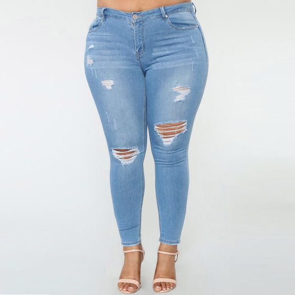 

mom jeans women plus size skinny slim medium waist pockets holes denim skinny long ripped jeans plus size pants mujer s10, Blue