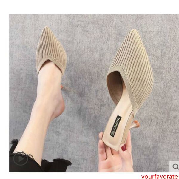 

net white lazy baotou half slippers women wear 2019 summer new knitted stiletto pointed high heel sandals autumn