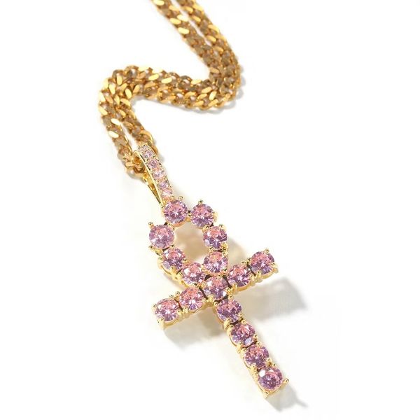 Moda-out Ankh colares cruz pendente para designer de mulheres dos homens de luxo diamante rosa Cruz dom colar cubano cadeia de ligação pingentes de ouro