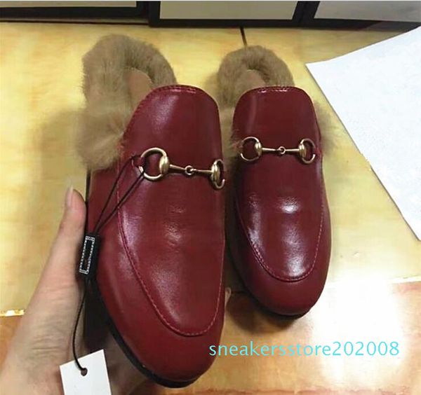 

men designer genuine leather loafers fur luxury slipper with buckle fashion women princetown casual fur mules flats 34-44 s08, Black