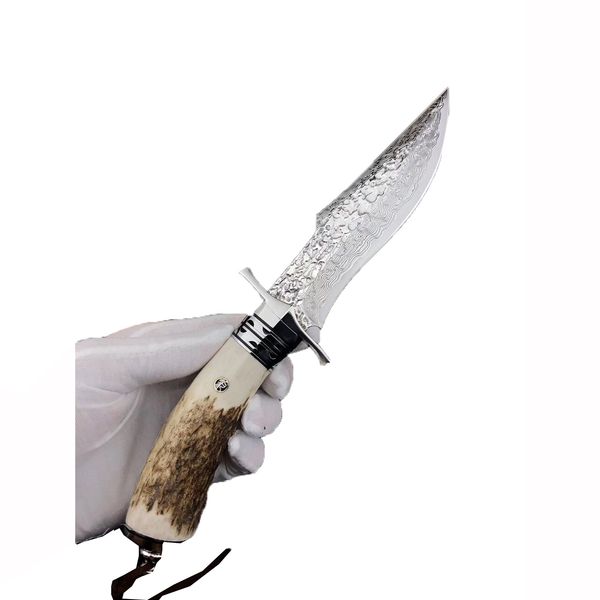 

Damascus Hunting Knife with Antler Handle Straight Fixed Blade Camping Survival Rescue Knife with Vegetable Tanned Handmade Knife Sheath