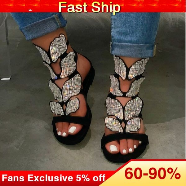 

женщины блестящий 2020 блестки лето открытый пляж открытый toe плоский каблук причинно девушки сандалии с бабочкой горный хрусталь, Black