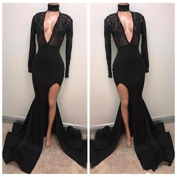 

2019 black high neck prom dresses lace appliqued long sleeves mermaid deep v-neck split evening gowns vestidos de festa ba5482