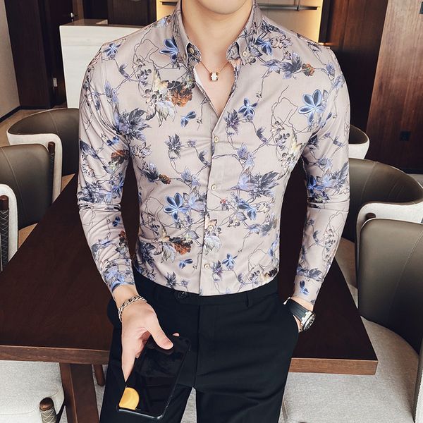 

men's long sleeve casual shirts slim fit fashion floral pattern, White;black