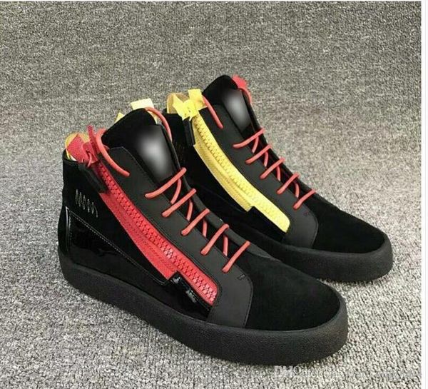 

new 2019 mens womens winered patent leather with corduroy patchwork low double zip sneakers, brand casual shoes 35-46drop shipping m658, Black