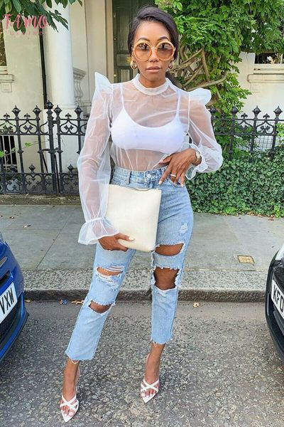 

newly women sheer fashion summer see through cover up mesh long sleeve shirt transparent blouse casual shirts, White