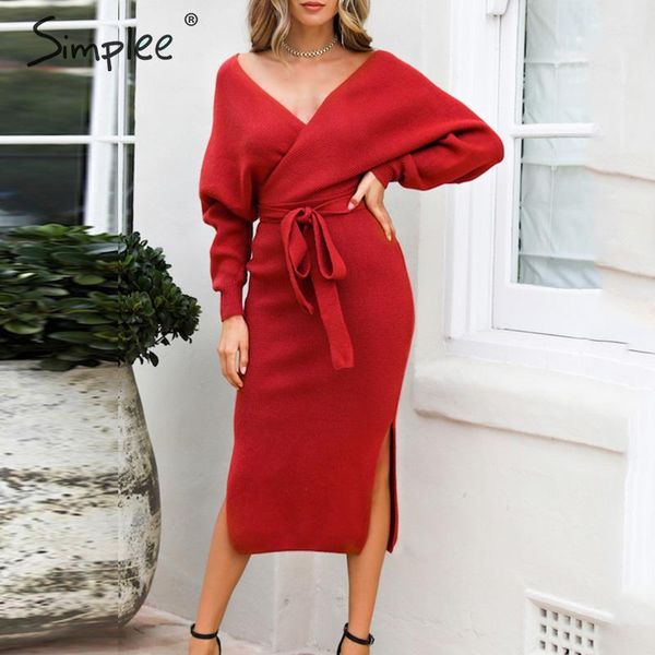 

simplee v-neck knitted dress women solid high waist sheath autumn dress elegant belt office ladies chic short party dress, Black;gray