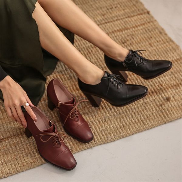 

pxelena vintage punk women pumps genuine leather sheepskin lace up chunky block square high heels oxfords office lady shoes, Black