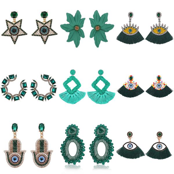 

lady bohemian green crystal drop earrings jewelry wedding palm eyes shaped handmade fringed tassel earrings party wholesale, Silver