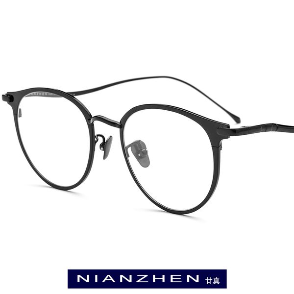 

nianzhen pure titanium eyeglasses frame women retro round myopia optical eye glasses for men 2019 vintage korea eyewear 1188, Black