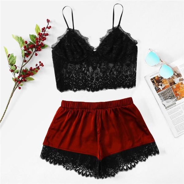 

home clothes pijama nightwear pajamas women shorts lingerie lace set 2-piece summer satin pajamas set nighty sleepwear#w, Black;red