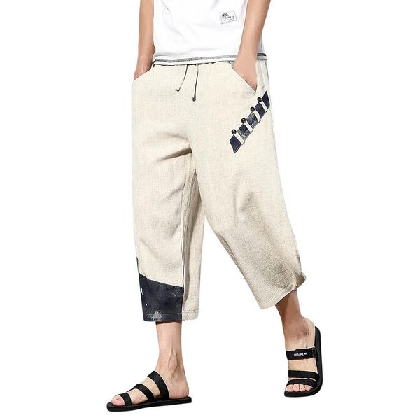 

womail 2019 sumer fashion мужские повседневные тонкие спортивные брюки длиной до икры льняные брюки мешковатые шаровары бежевые брюки w30425, White;black