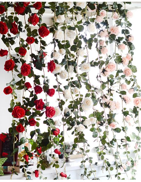 

180cm artificial rose flower ivy vine wedding decor real touch silk flowers string with leaves for home hanging garland decor