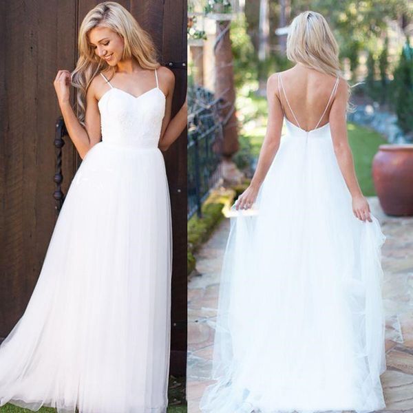 Discount White Romantic Beach Wedding Dresses Spaghetti A Line Backless Tulle Boho Country Bridal Gowns Custom Made Long Sleeved Wedding Dresses