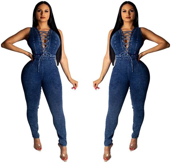lace up denim jumpsuit