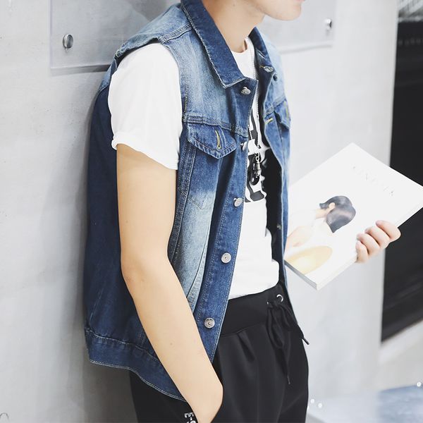 

denim new fashion mens vest male thin jeans waistcoat man cowboy hip hop sleeveless jacket, Black;white