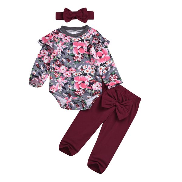 

newborn baby girls outfit long sleeve floral ruffle romper and pants with headband 3pcs set clothes for girl, Blue