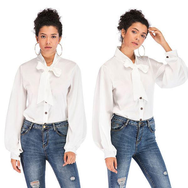 

white shirts women office ladies bow tie long sleeve button blouse