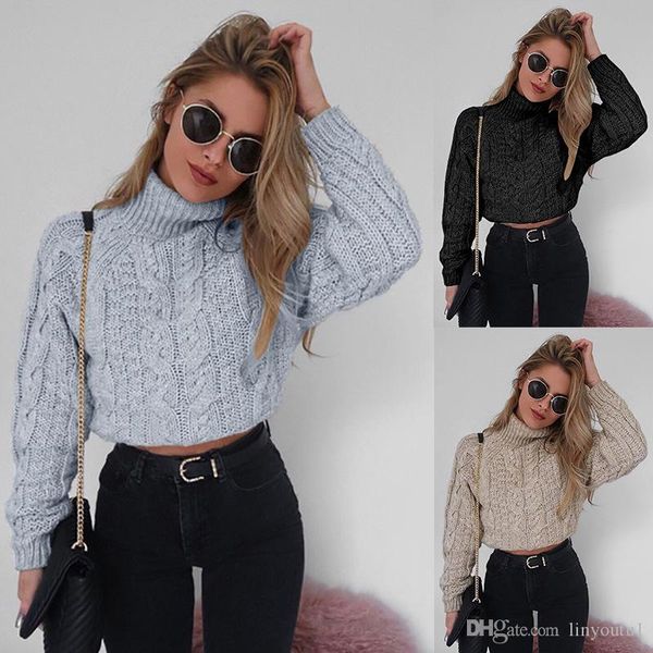 

2020 retro twisted turtleneck sweater autumn winter women plus size thick long sleeve short pullovers solid slim coats, White;black
