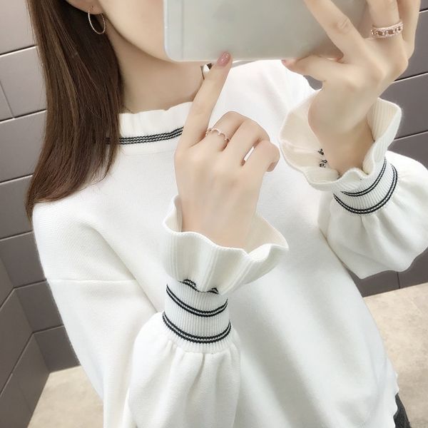 

2019 new autumn winter women's flare sleeve sweater casual loose bottoming shirt long sleeve turtleneck striped jumper jersey, White;black