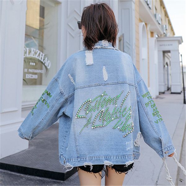 

handmade beadig embroidery jean jacket women fashion casual long sleeve oversized denim coat ripped hole bomber streetwear, Black;brown