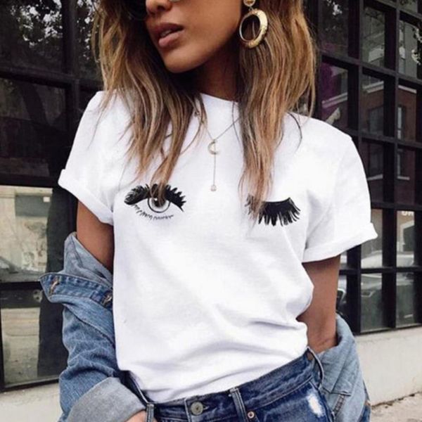 

wimper red lip печати t shirt женщины коротких mouw сыпучего tshirt harajuku blink льняных глаза тенниски 2019 лето женщины чайного tops руб, White