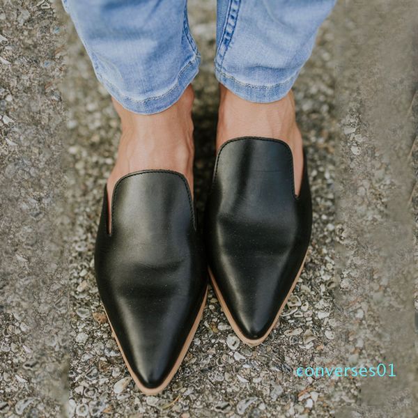 

size 34-41 ladies leather mules shoes women slippers summer flat slippers women shoes point toe outdoor slides zapatos de mujer co01, Black
