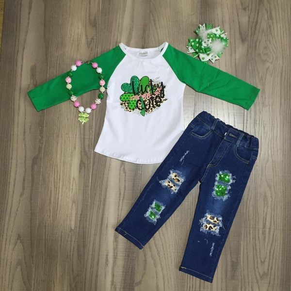 

baby st. patrick's day green cute lucky cute leopard shamrock outfit girls spring cotton jeans pants clothes match accessories, White