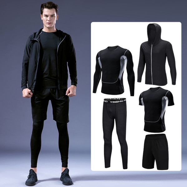 

gym fitness compression sports suit clothes mens sports suits running jogging sport wear exercise workout tights 5 pcs/set, White;black